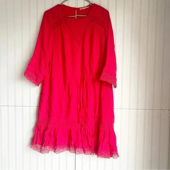 Maje Size S Red 3/4 Sleeves Lace Trimmed Crepe Dress - Picture 3 of 9